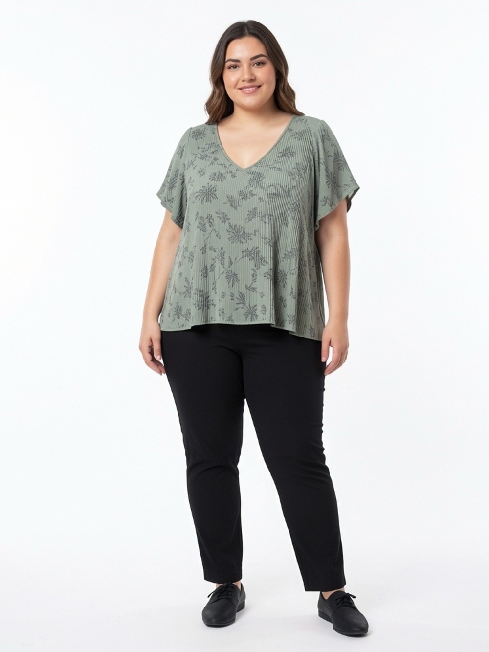 Penningtons Sage Green V-Neck Floral Pleated Tunic Blouse Size 4X